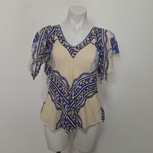 Leifnotes Anthropologie Cream Multicolor Bee Patterned Bohemian Blouse Size 0